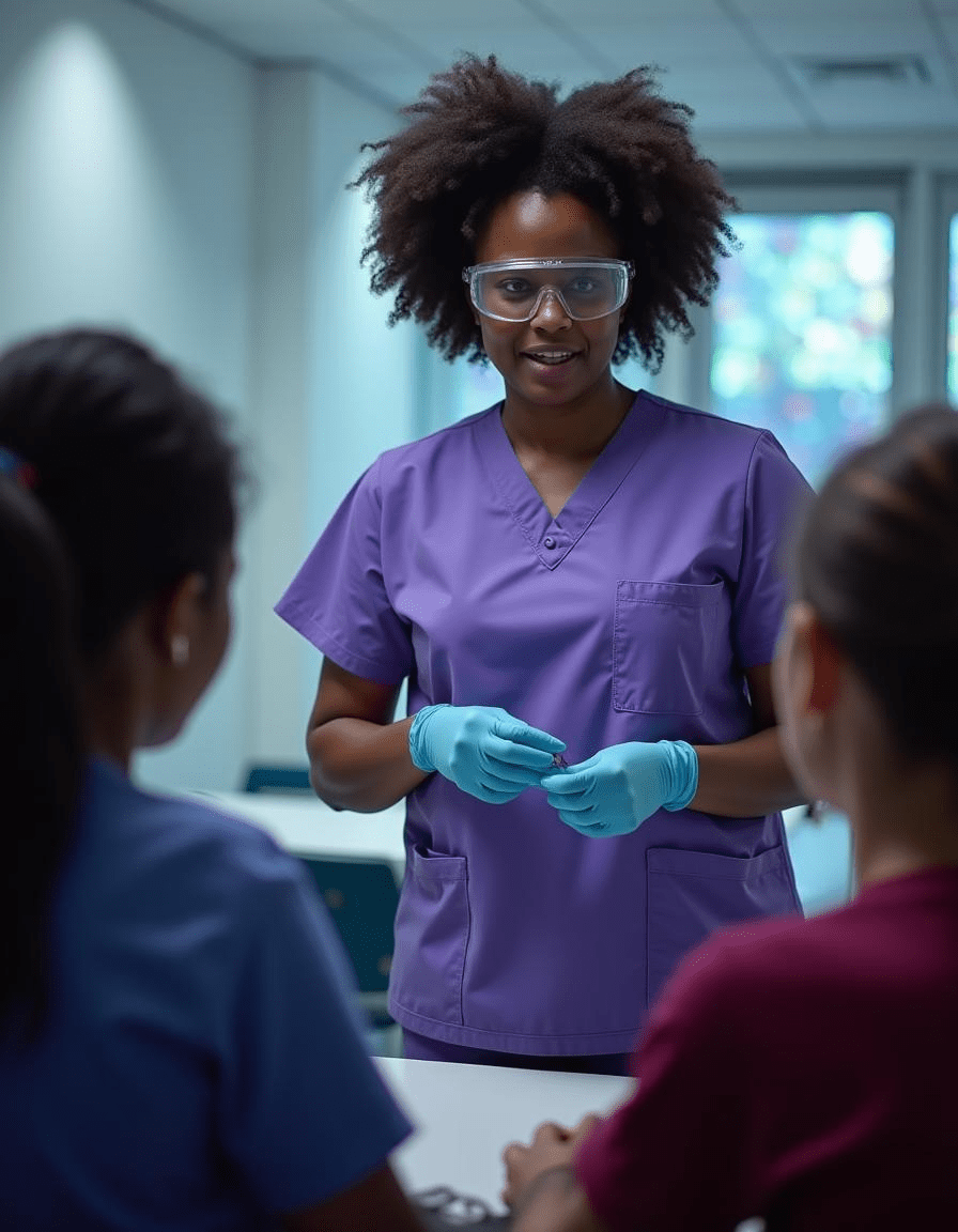 A Black female instructor leading a bloodborne pathogen training session, demonstrating glove removal in a bright, clinical environment, wearing purple scrubs and safety goggles, engaging with a diverse group of trainees seated around her.